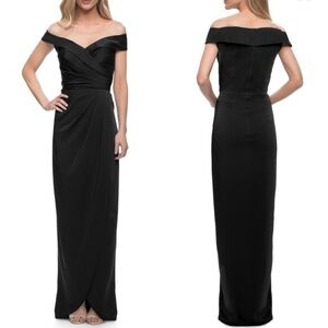 NEW La Femme 25206 Off Shoulder Pleated Ruched Tulip Skirt Gown in Black Sz. 4